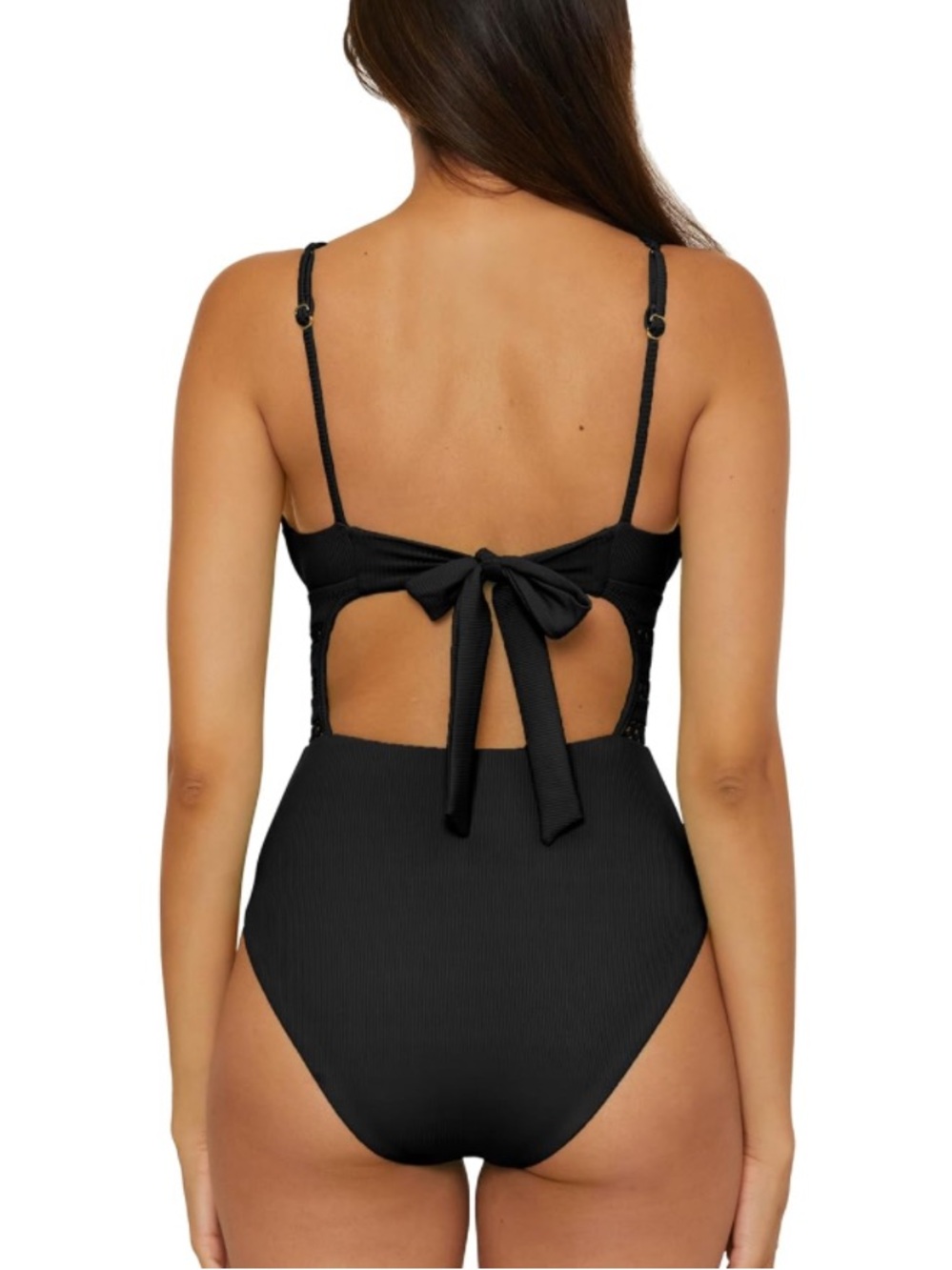 Becca Modern Edge Toni Plunge One Piece Swimsuit Black Ribbed Eyelet Size Large - Picture 6 of 13